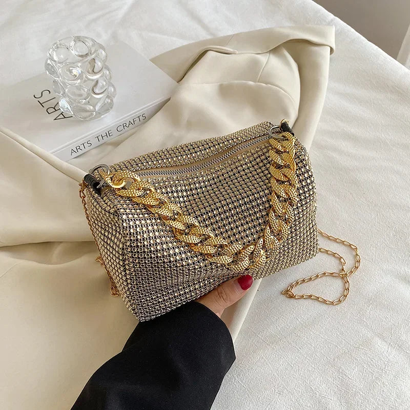 New Outdoors Allover Rhinestone Bucket Bag, Glitter Chain Prom Purse, Women's Mini Crossbody Bag (6.3*3.54) Inch