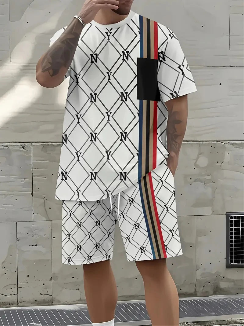 2025 Summer Men's Clothing Letter Print Short Sleeve Top Men's Elastic Waist Shorts 2-piece Set Plus Size T Shirts Shorts Set