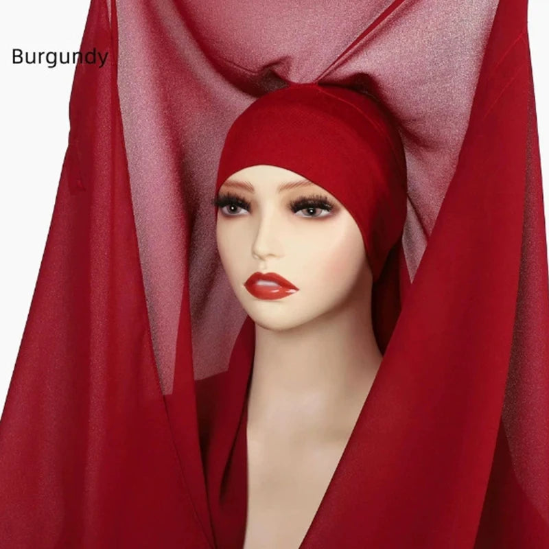 Chiffon Instant Hijab With Bulit-in Magnets Muslim Woman Hijab Solid Color Easy To Wear Shawl Wrap With Undercap Famme Headscarf