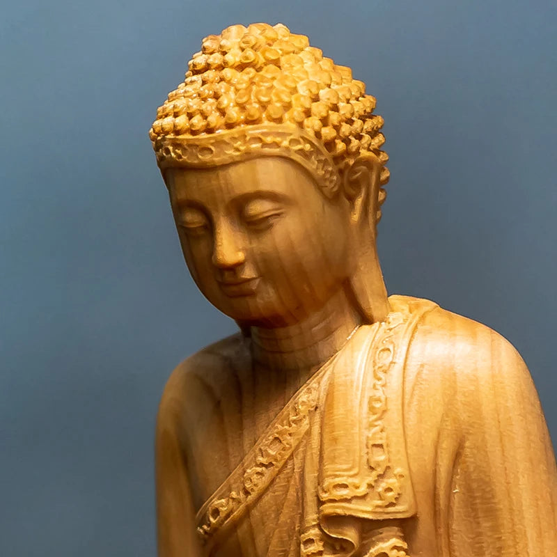 Natural Cypress Lndia Shak yamuni Buddha Characters Figurines Hand Carved Solid Wood Home Room Office Feng ShuiDecoration Statue