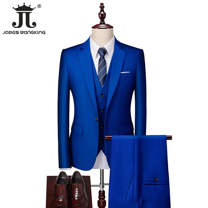 M-6XL 15 Colors ( Jacket+Vest+Pants ) Formal Business Office Men's Suits Groom Wedding Dress Party Dress Solid Color Suit