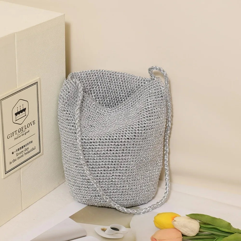 New Large Capacity Handwoven Bucket Bag Solid Color Boho Metal Line Bucket Bag Straw Design Handmade Crossbody Bag Gifts