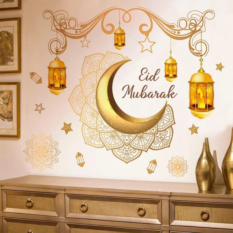 Eid Mubarak Wall Stickers Moon Star Lantern Ramadan Kareem Wall Decals Muslim Islamic Window Sticker Decorations for Home 2026