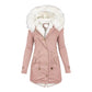 Thicken Women Winter Cotton Coat Faux Fur Hood Fleece Zip-up Button Jacket Windproof Mid Length Slim Outerwear
