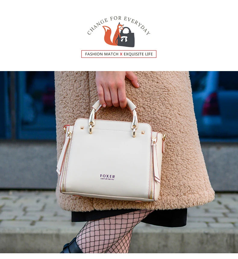 FOXER Split Leather Women Shoulder Bag Elegant Handbag 2025 Autumn Winter Female Large Tote Bag Luxury Design Crossbody Purse