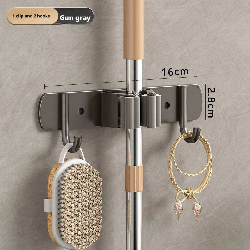 Stainless Steel Mop Broom Holder Wall Mounted No-Drilling Self Adhesive Heavy Duty Utility Storage Rack Garage Garden Organizer