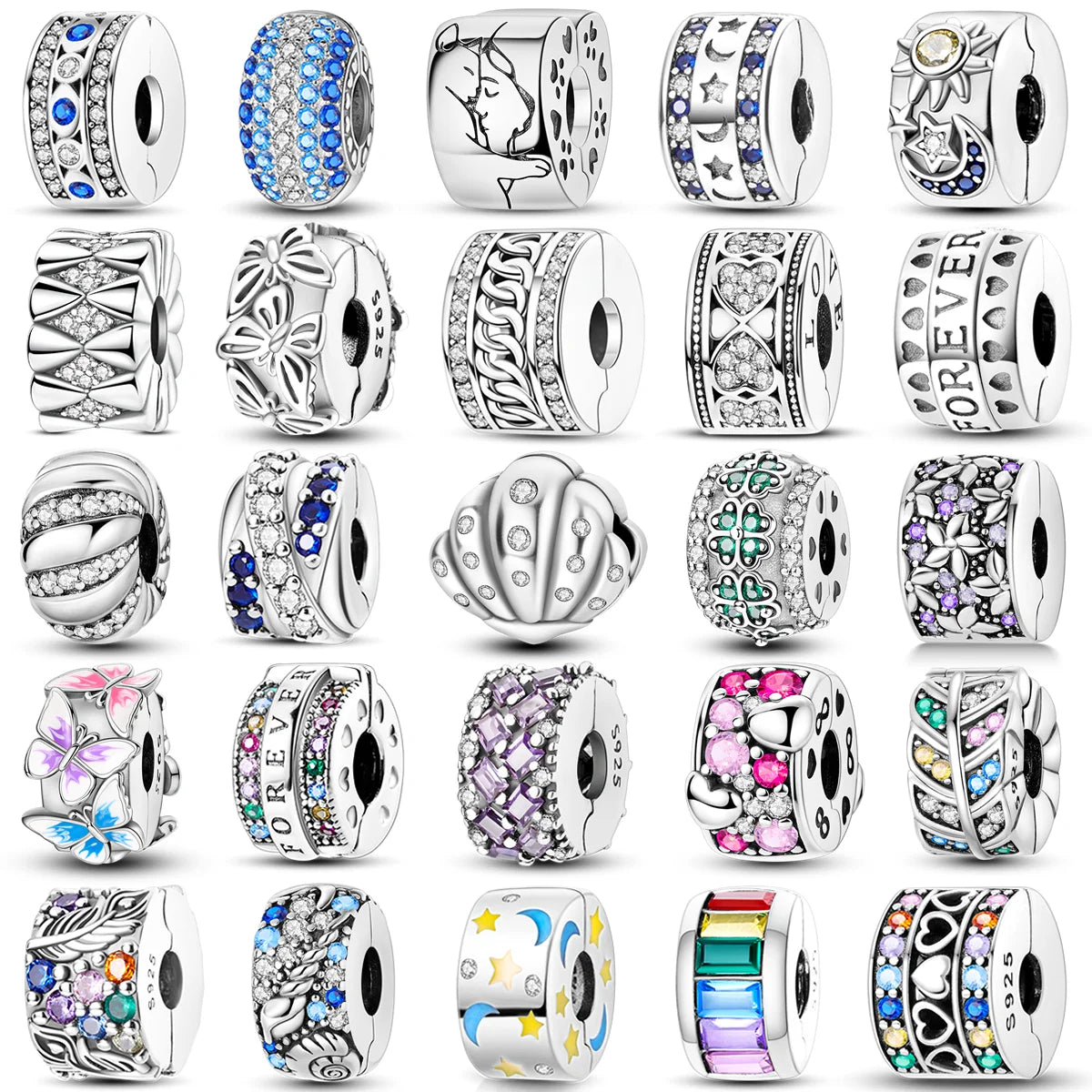 Silver Clasp 925 Sterling Silver CZ Pave Clip Charms Daisy Beads Stopper Safety Chain Fit Original Bangle Bracelet Jewelry Clips