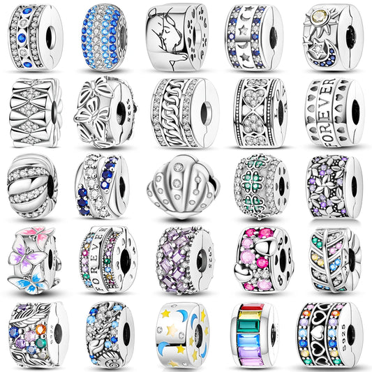 Silver Clasp 925 Sterling Silver CZ Pave Clip Charms Daisy Beads Stopper Safety Chain Fit Original Bangle Bracelet Jewelry Clips
