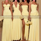 Sexy Long Bridesmaid Dresses A Line Side Split Customized Spaghetti Straps V Neck Yellow Chiffon Wedding Party Dress