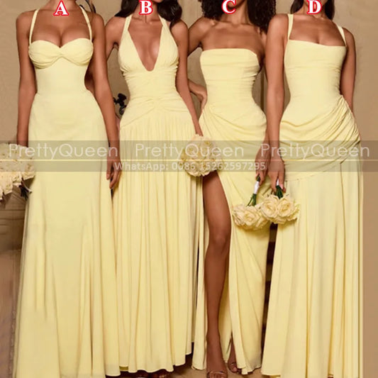 Sexy Long Bridesmaid Dresses A Line Side Split Customized Spaghetti Straps V Neck Yellow Chiffon Wedding Party Dress