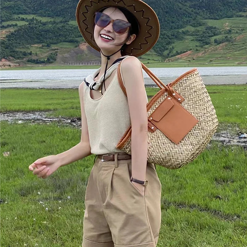 Fashion Handbags Handmade Rattan Basket Bag Designer Wicker Woven Women Summer Beach Straw Shoulder Crossbody Bags Tote Purse
