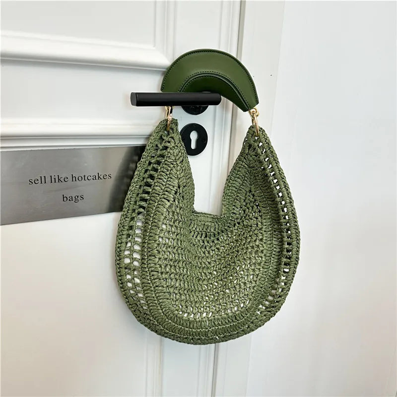 Boho Handwoven Straw Hobo Tote Bag Women Crescent Moon Shape Top Handle Basket Purse Summer Hollow Out Woven Handbag