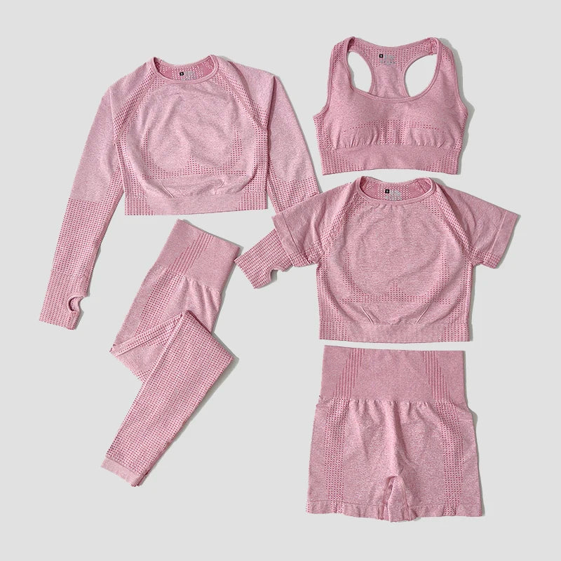2/3/5PCS Seamless Women Yoga Set Workout Sportswear Gym Clothing Fitness Long Sleeve Crop Top High Waist Leggings Sports Suits