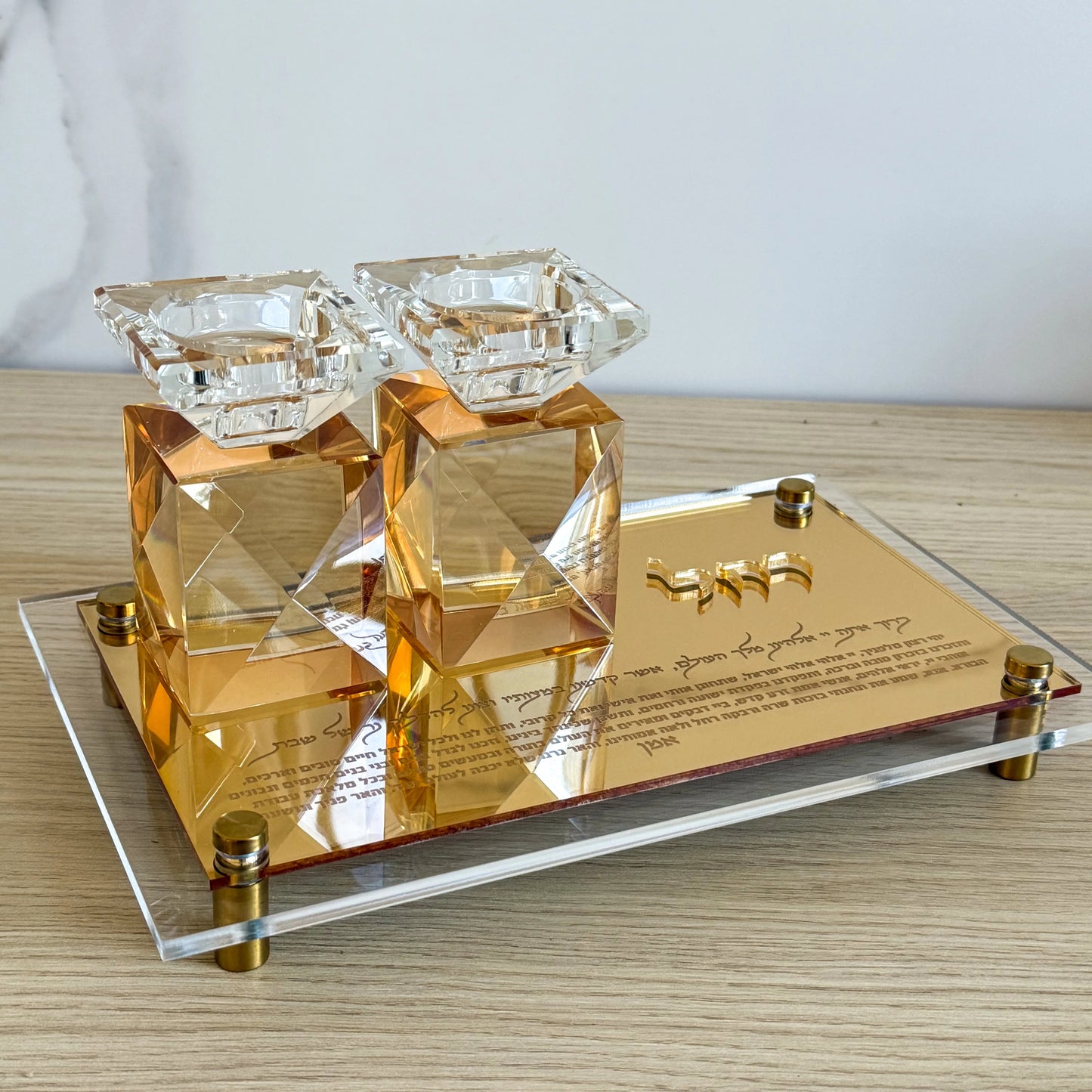 Custom Engraved Hebrew Crystal Shabbat Candlestick Set Gold Mirror Acrylic Tray Jewish Sabbath Candle Holder Judaica Gift