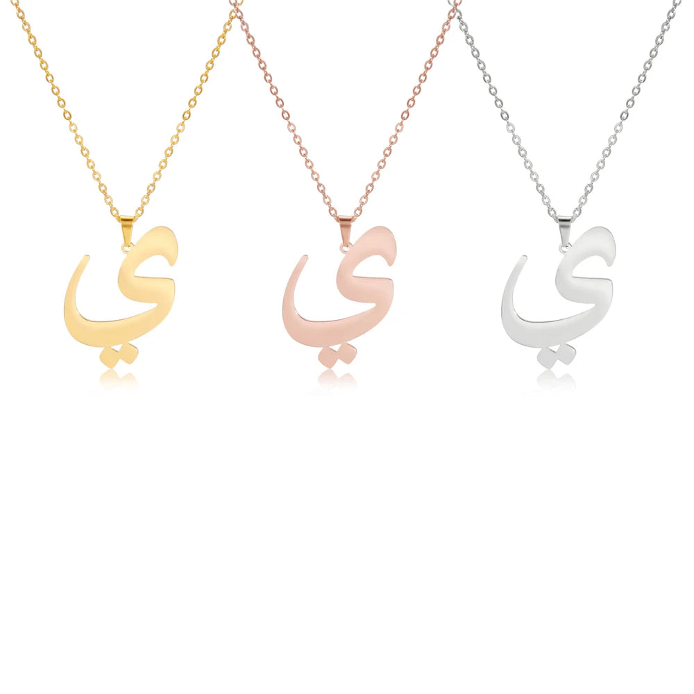 EUEAVAN Arabic Letter Pendant Necklace for Women Men Stainless Steel Arab Initial Alphabet Necklaces Lucky Amulet Muslim Jewelry