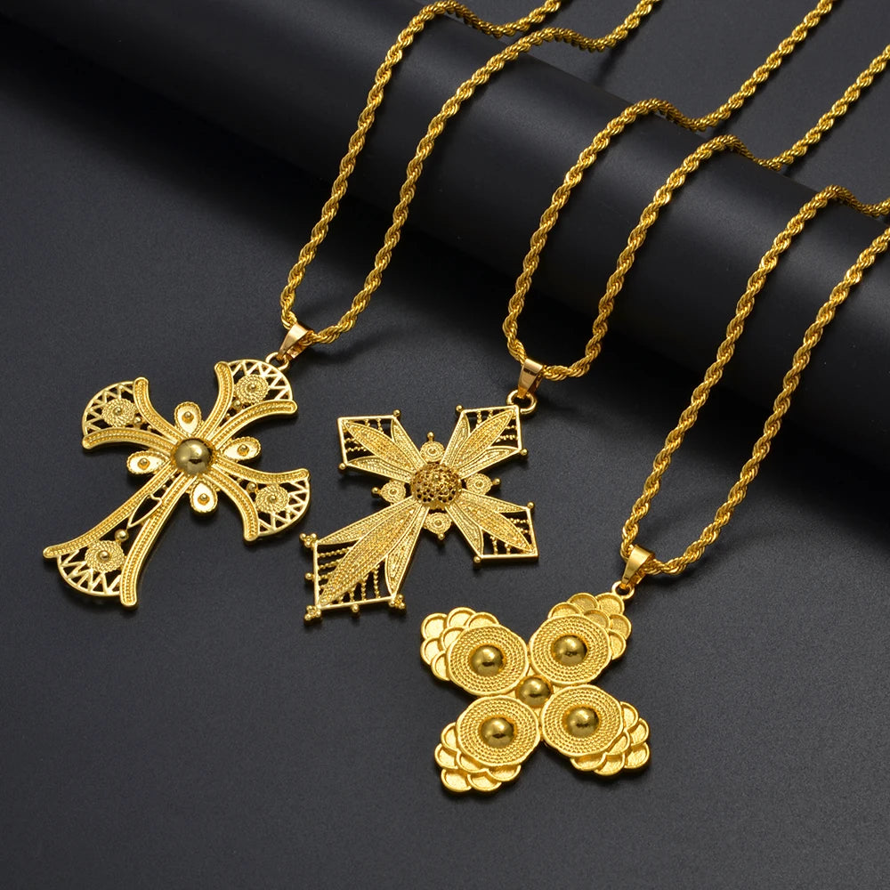 Anniyo Ethiopian Cross Pendant Necklaces for Women  Gold Color Habesha Eritrean African Ethnic Traditional Jewelry #346106