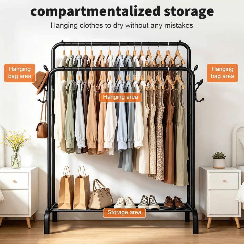 Heavy Duty Rolling Clothes Rack Metal Coat Hanger Stand Floor-Standing Bedroom Clothes Shelf Simple Rod Shoes Storage Organizer
