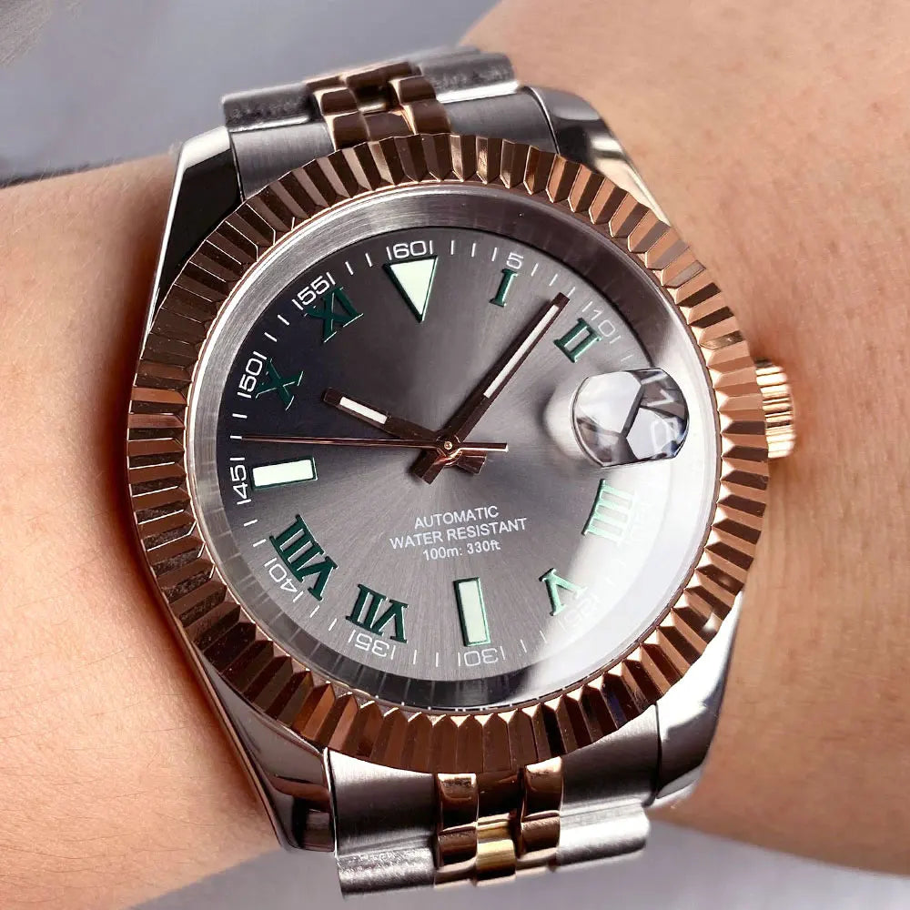 NEW Rose Gold 36mm 39mm Sunburst Grey Dial Dark Green Roman Numbers 200m Waterproof NH35 Automatic Men Watch Sapphire Glass