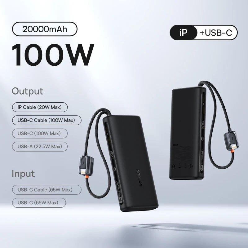 Baseus 145W Power Bank 25000mAh Fast Charging Built-In Type-C Cable Portable Battery Charger for iPhone Samsung MacBook Tablet