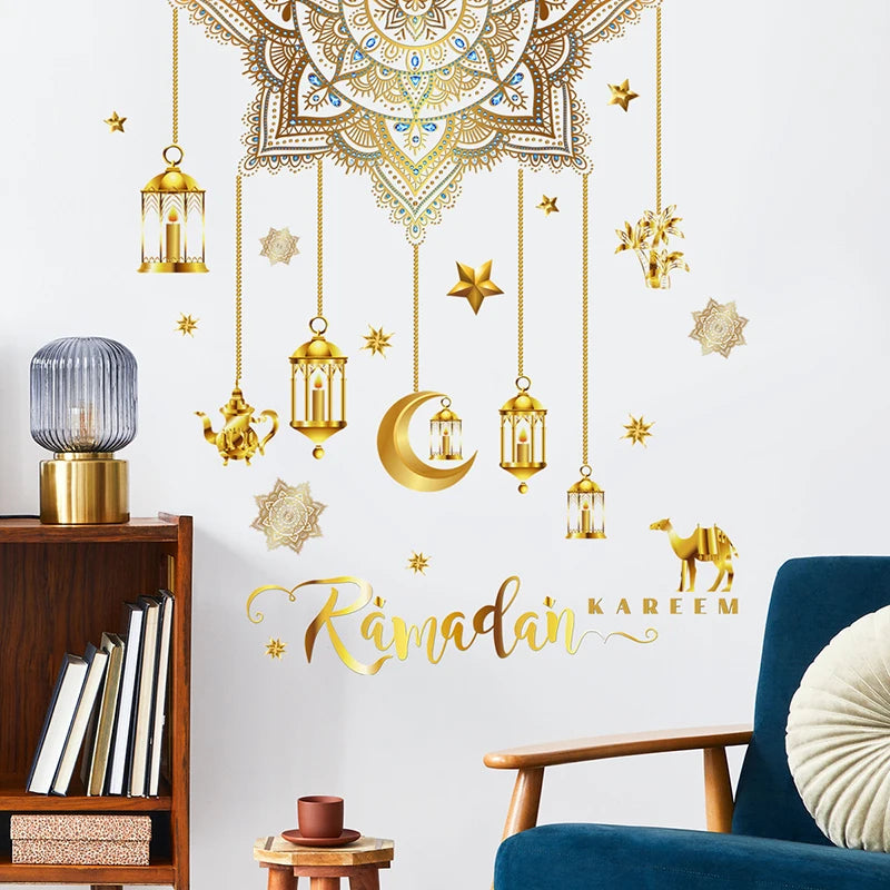 Eid Mubarak Wall Stickers Moon Star Lantern Ramadan Kareem Wall Decals Muslim Islamic Window Sticker Decorations for Home 2026