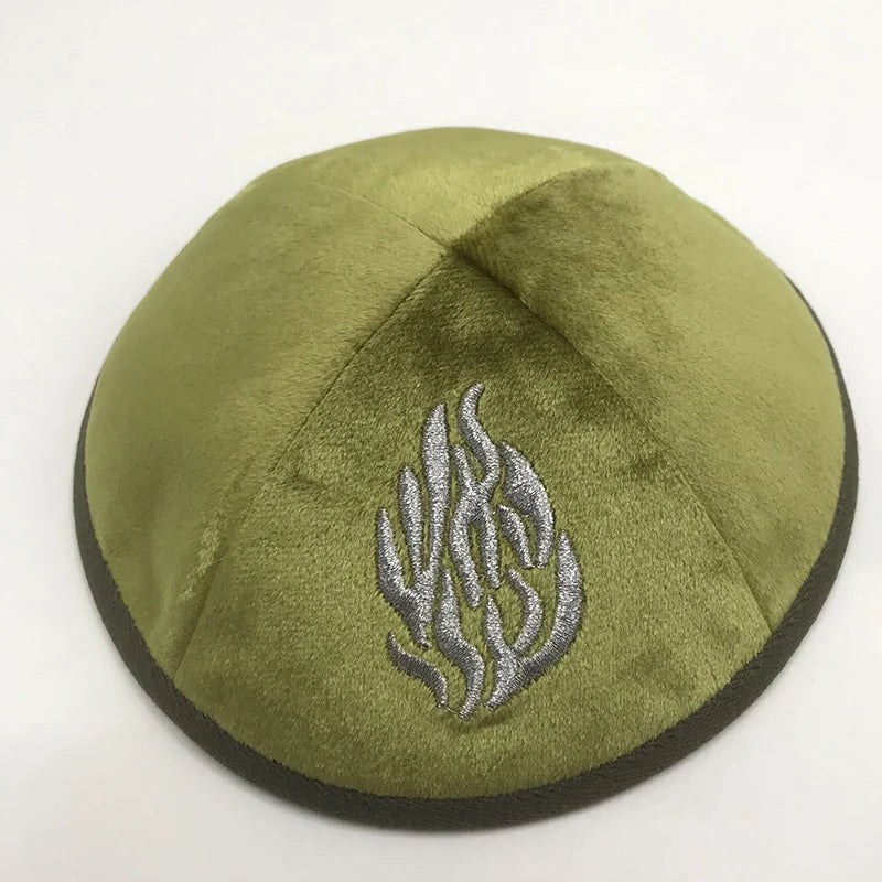 Judaical Velvet Kippah with Embroidery Of Fire for Men Yamaka Hat Kippot Royal Blue Grey 18cm