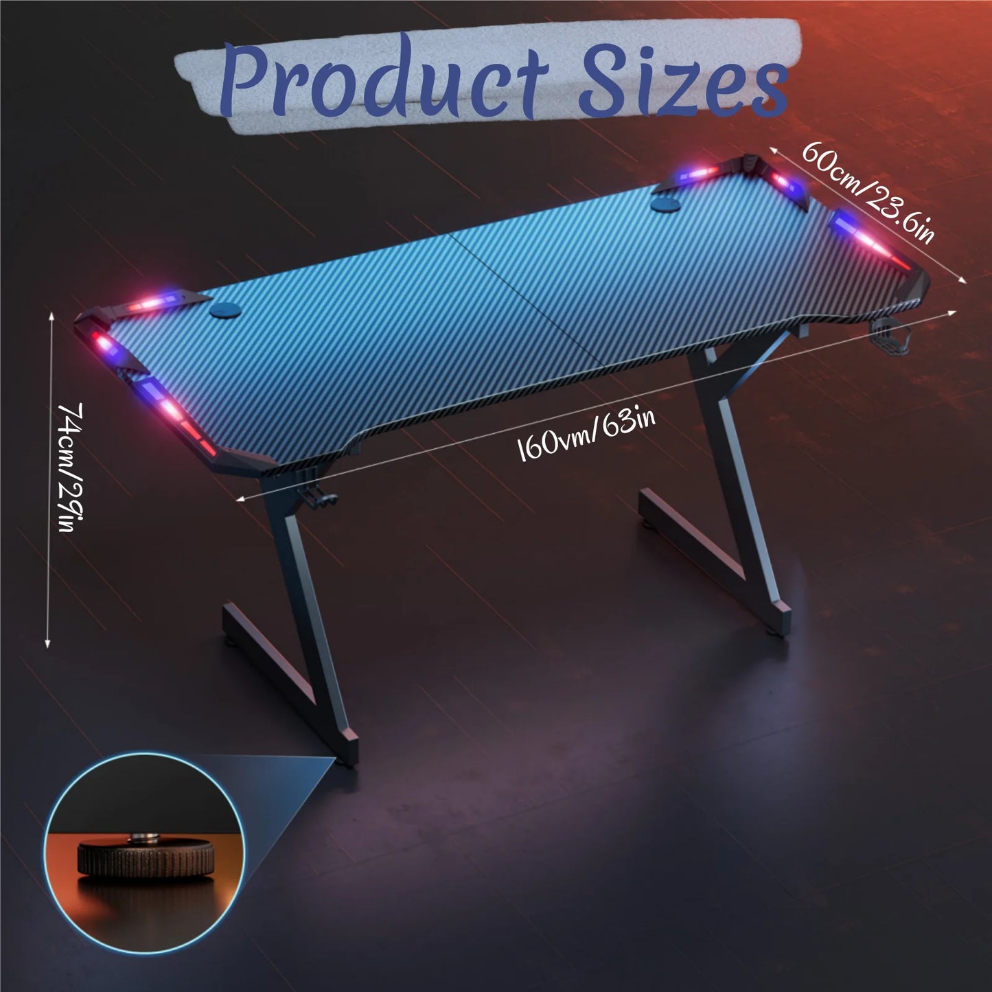 FRODROVIA Ergonomic Gaming Desk with RGB LED Lights Carbon-Fiber Surface PC Workstation Table with Headphone Hook And Cup Holder