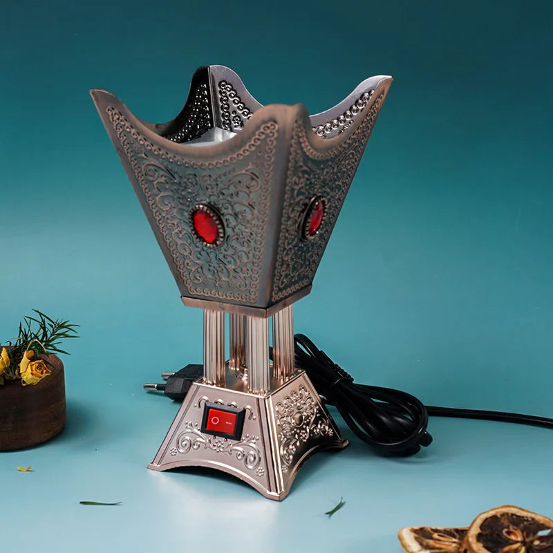 220V Plug-in Middle Eastern Incense Burner Metal with Diamond for OUDH Sandalwood Electric Cone Censer Not Fit for 110V Voltage