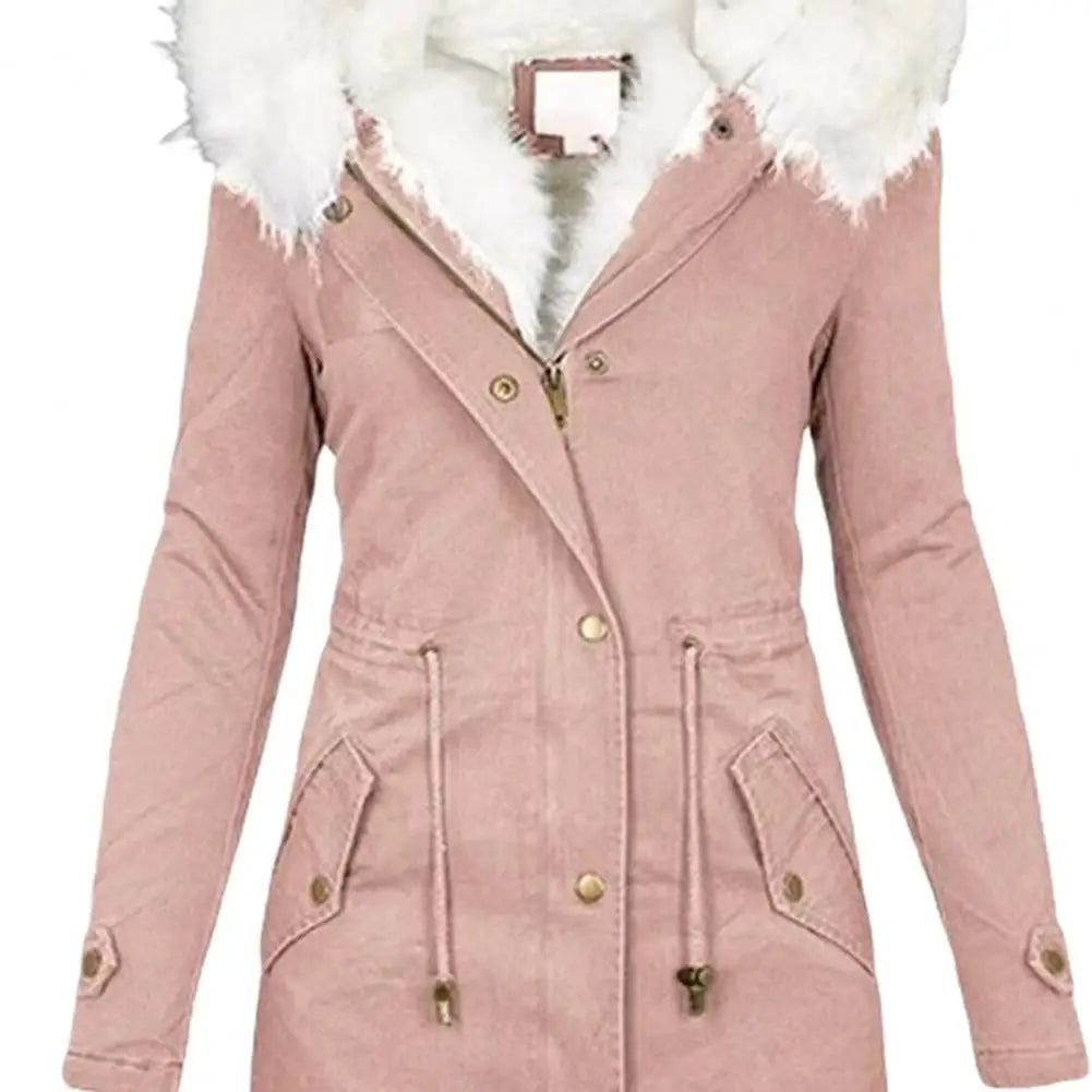 Thicken Women Winter Cotton Coat Faux Fur Hood Fleece Zip-up Button Jacket Windproof Mid Length Slim Outerwear