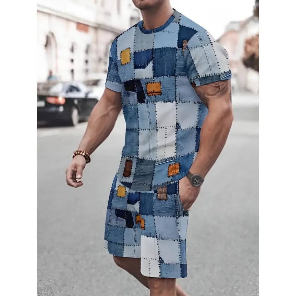 2025 Summer Men's Clothing Letter Print Short Sleeve Top Men's Elastic Waist Shorts 2-piece Set Plus Size T Shirts Shorts Set