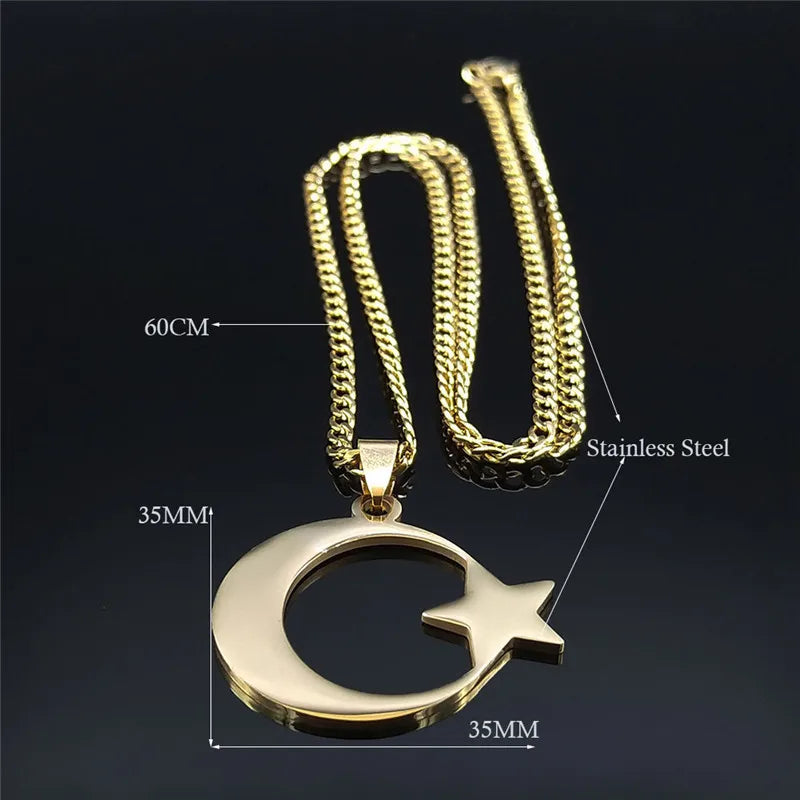 2026 Muslim Islam Moon Star Stainless Steel Chain Necklaces for Women Gold Color Necklace Jewelry Collares De Mujer N4811S05