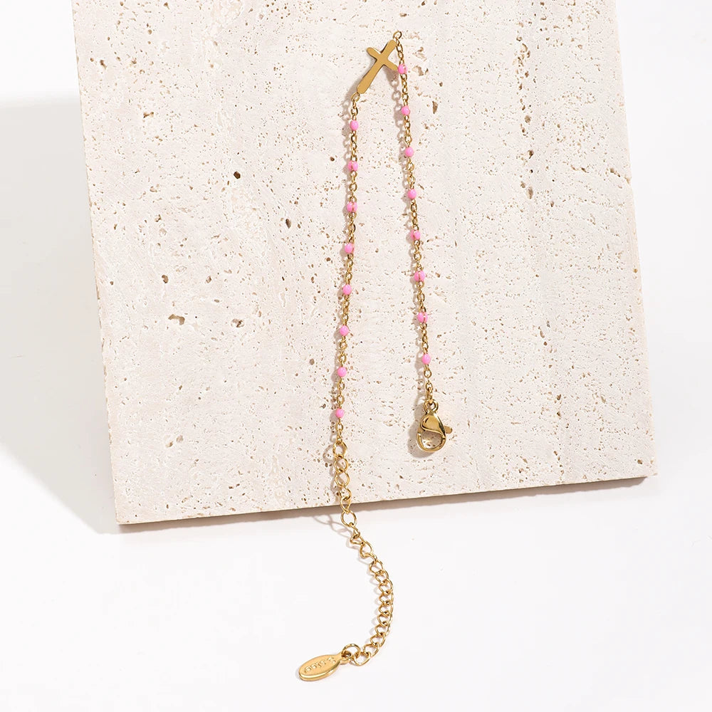 ZMZY Girls Boho Thin Chain Stainless Steel Bracelets For Women Gold Color Peach Pink Cross Charm Beautiful Gift
