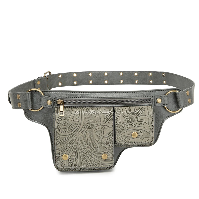 Medieval Punk Waist Bag PU Leather Retro Emboss Adjustable Outdoor Motorcycle Crossbody Pouch Casual Sports Portable Hip Bags