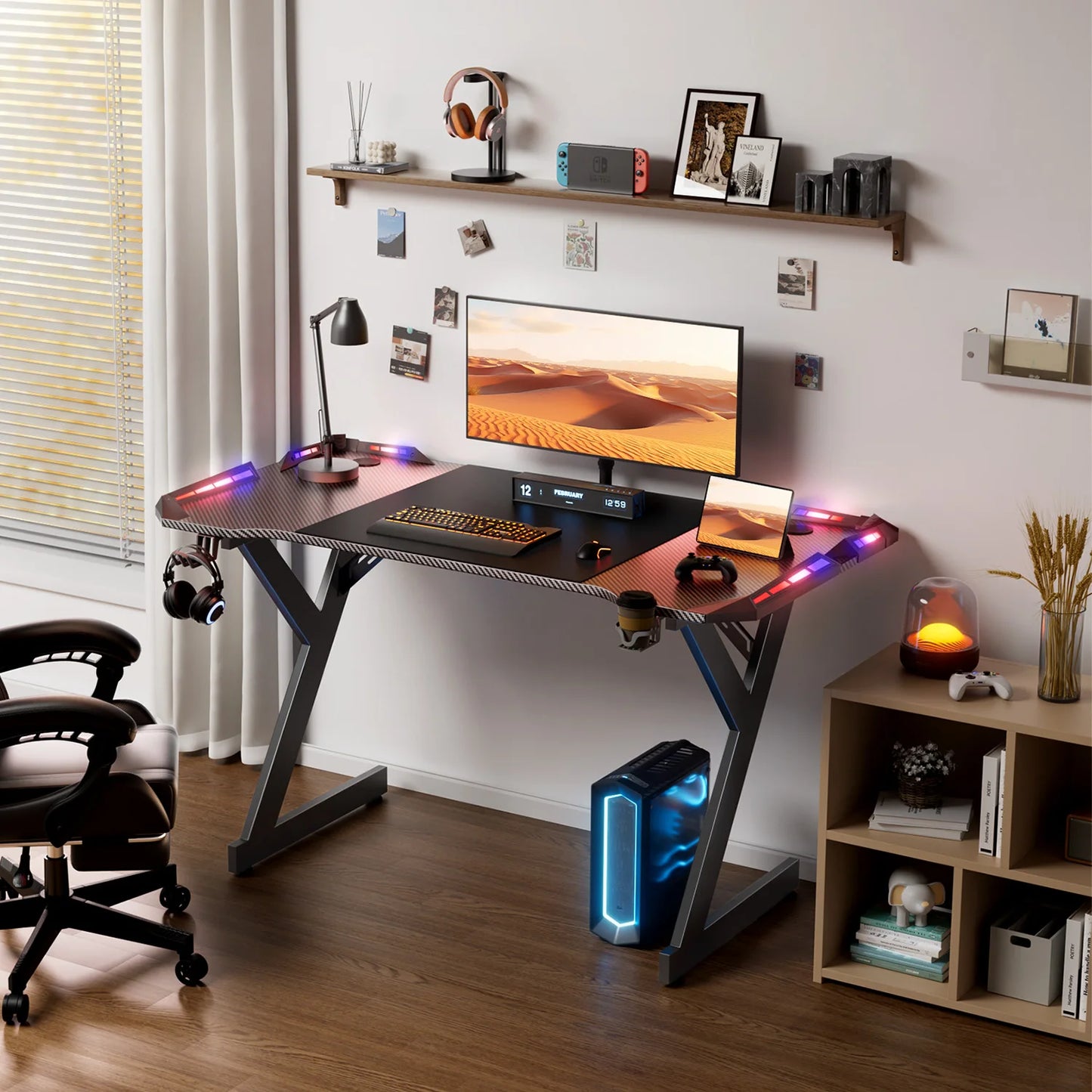 FRODROVIA Ergonomic Gaming Desk with RGB LED Lights Carbon-Fiber Surface PC Workstation Table with Headphone Hook And Cup Holder