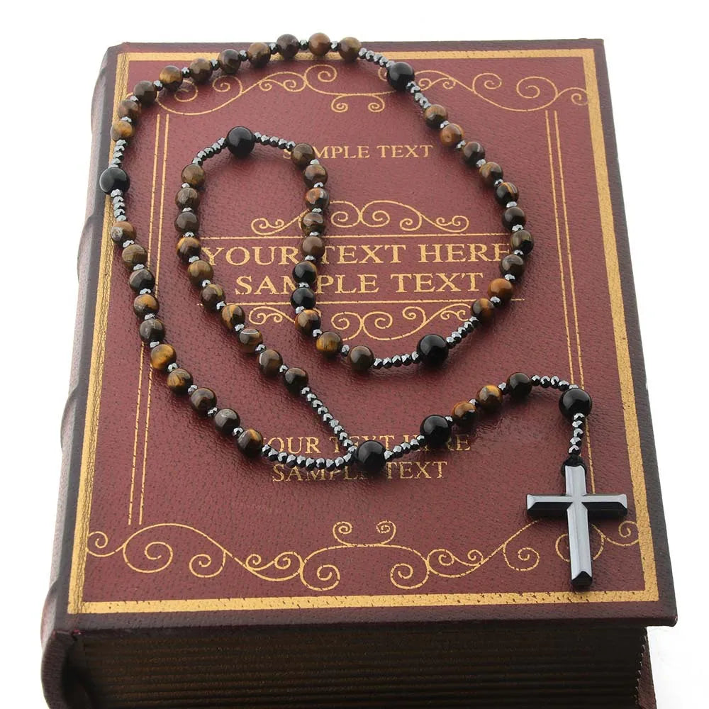 Natural Stone Africa Turquoise and Tiger-eye Beads Cross Pendant Necklace Rosary for Men and Women