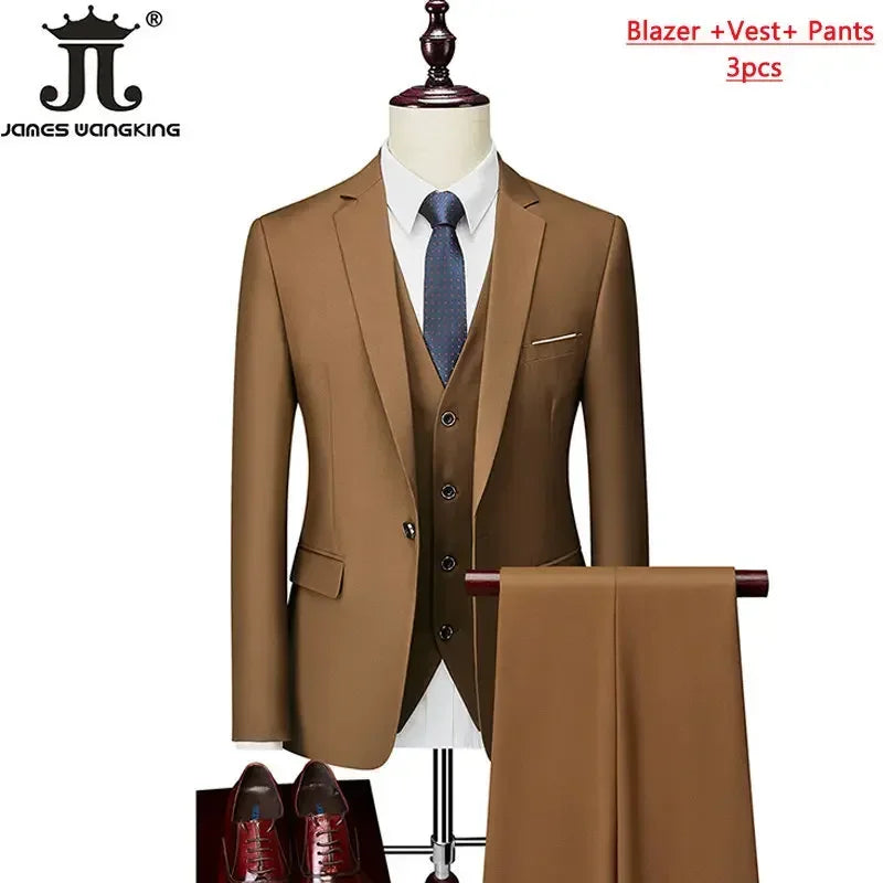 M-6XL 15 Colors ( Jacket+Vest+Pants ) Formal Business Office Men's Suits Groom Wedding Dress Party Dress Solid Color Suit