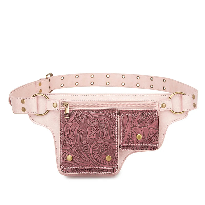 Medieval Punk Waist Bag PU Leather Retro Emboss Adjustable Outdoor Motorcycle Crossbody Pouch Casual Sports Portable Hip Bags