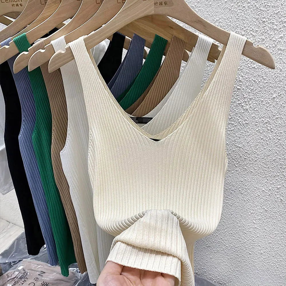 2026 Fashion Women Camisole Ice Silk Knit Tank Top Slim Fit Sleeveless Base Top Solid Color V-Neck Crop Top Casual Base Shirts