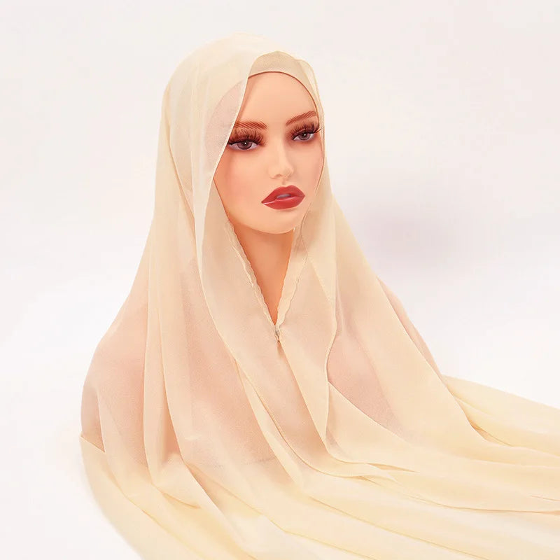 Chiffon Instant Hijab With Bulit-in Magnets Muslim Woman Hijab Solid Color Easy To Wear Shawl Wrap With Undercap Famme Headscarf