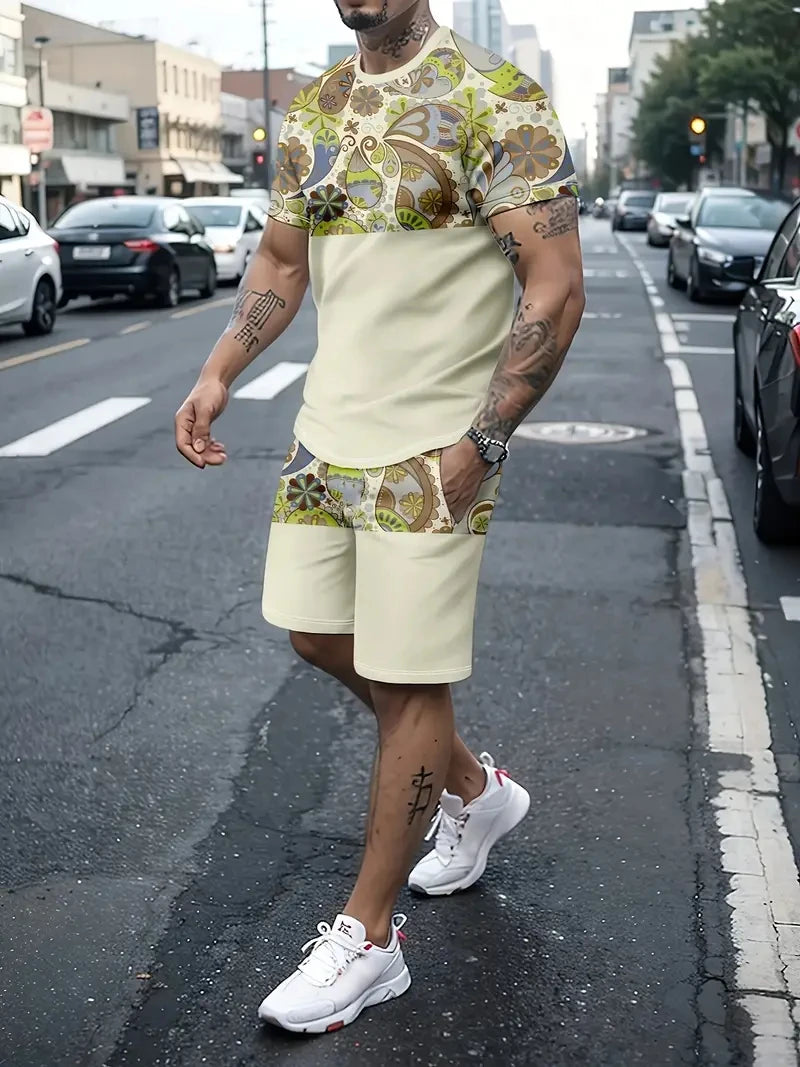 2025 Summer Men's Clothing Letter Print Short Sleeve Top Men's Elastic Waist Shorts 2-piece Set Plus Size T Shirts Shorts Set