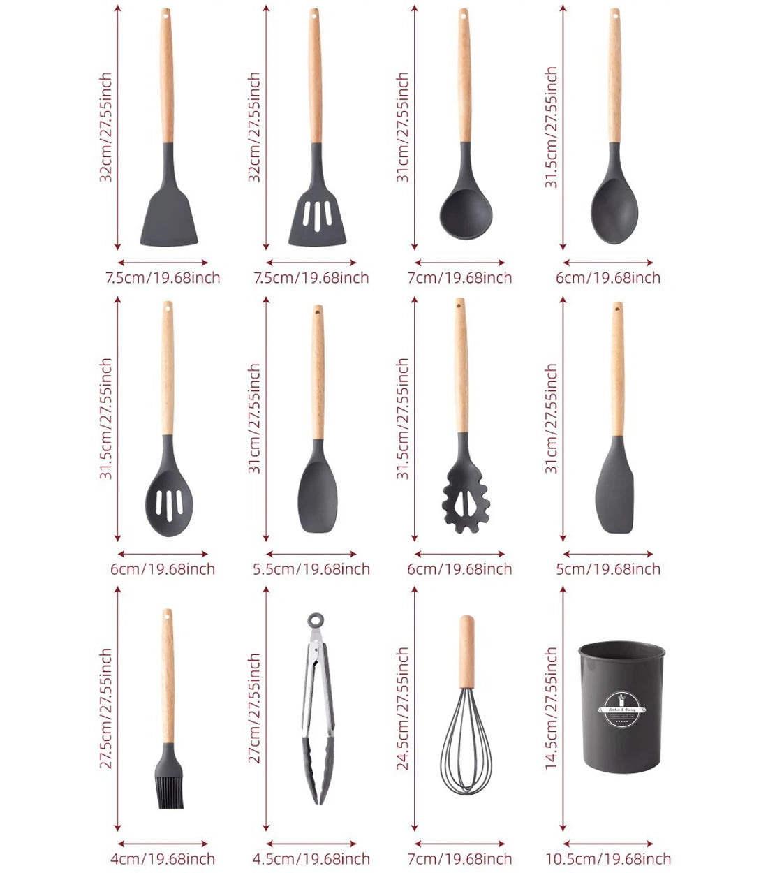 Silicone Kitchen Utensils Set 12-Piece, Heat Resistant, BPA Free, Wooden Handles & Storage Bucket for Non-Stick Cookware, Baking & Cooking