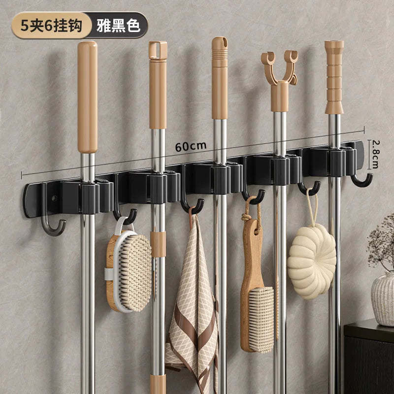Stainless Steel Mop Broom Holder Wall Mounted No-Drilling Self Adhesive Heavy Duty Utility Storage Rack Garage Garden Organizer