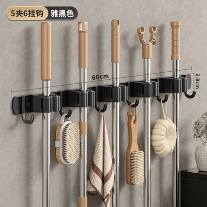 Stainless Steel Mop Broom Holder Wall Mounted No-Drilling Self Adhesive Heavy Duty Utility Storage Rack Garage Garden Organizer