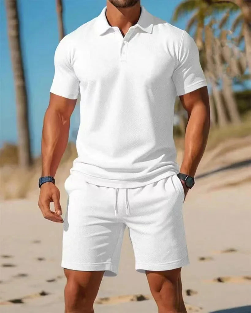 Summer Casual Versatile Fashion Short-Sleeved Button-Down Polo Shirt And Breathable Mesh Shorts Set for Men Plus Size