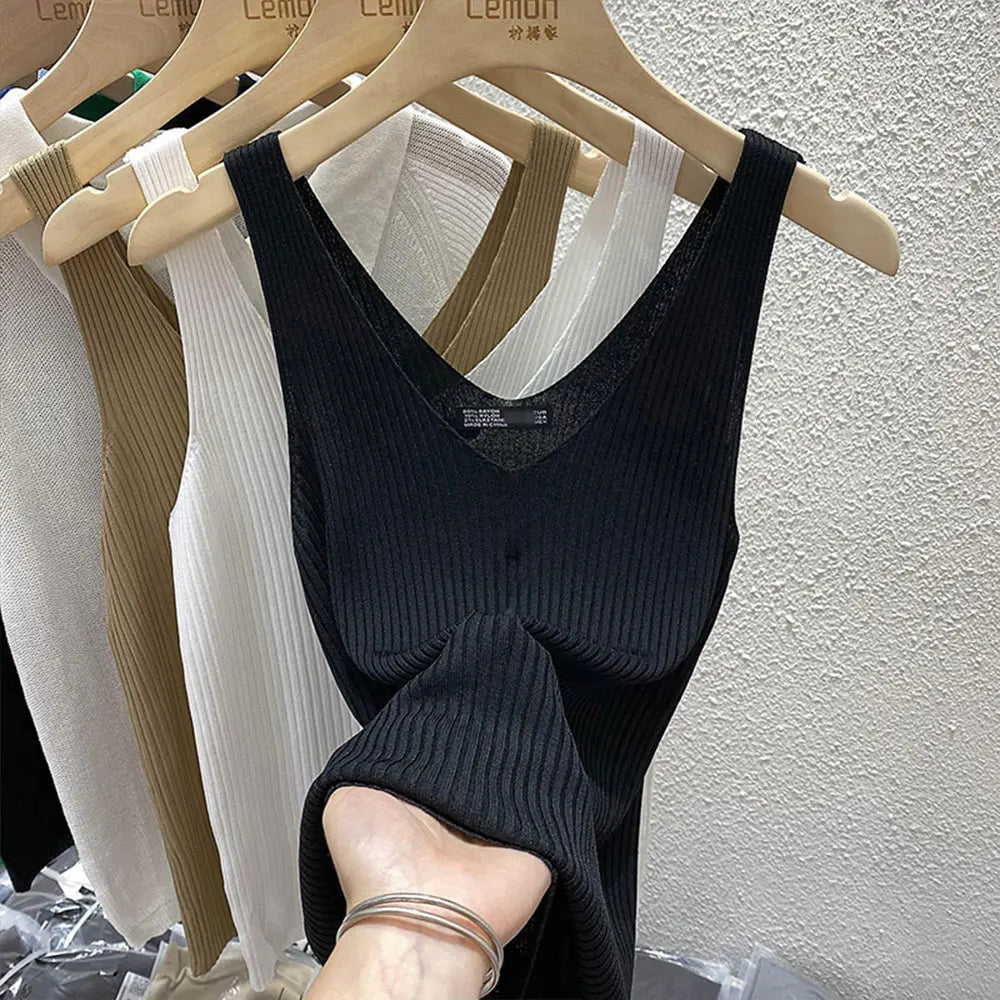 2026 Fashion Women Camisole Ice Silk Knit Tank Top Slim Fit Sleeveless Base Top Solid Color V-Neck Crop Top Casual Base Shirts