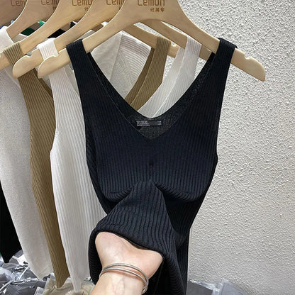2026 Fashion Women Camisole Ice Silk Knit Tank Top Slim Fit Sleeveless Base Top Solid Color V-Neck Crop Top Casual Base Shirts