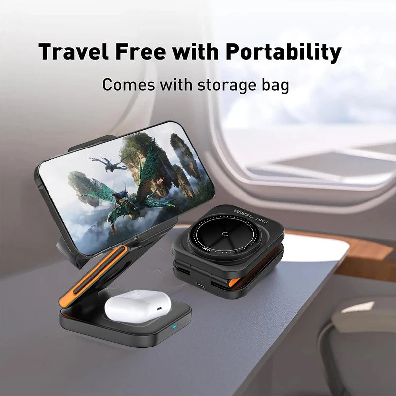 3 in 1 Foldable Charging Station Fast Magnetic Wireless Charger Stand for iPhone 17 16 15 14 13 12 Apple Watch 8 7 6 Airpods Pro