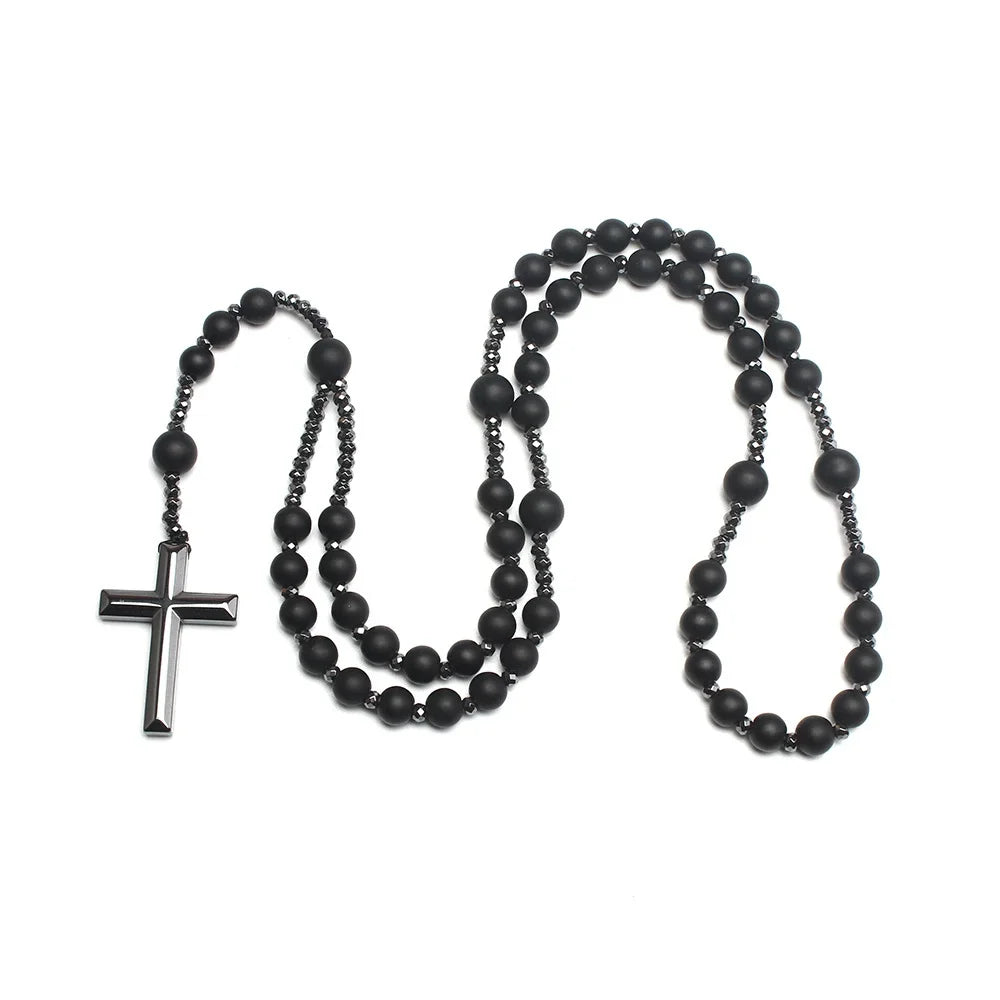 Natural Stone Africa Turquoise and Tiger-eye Beads Cross Pendant Necklace Rosary for Men and Women