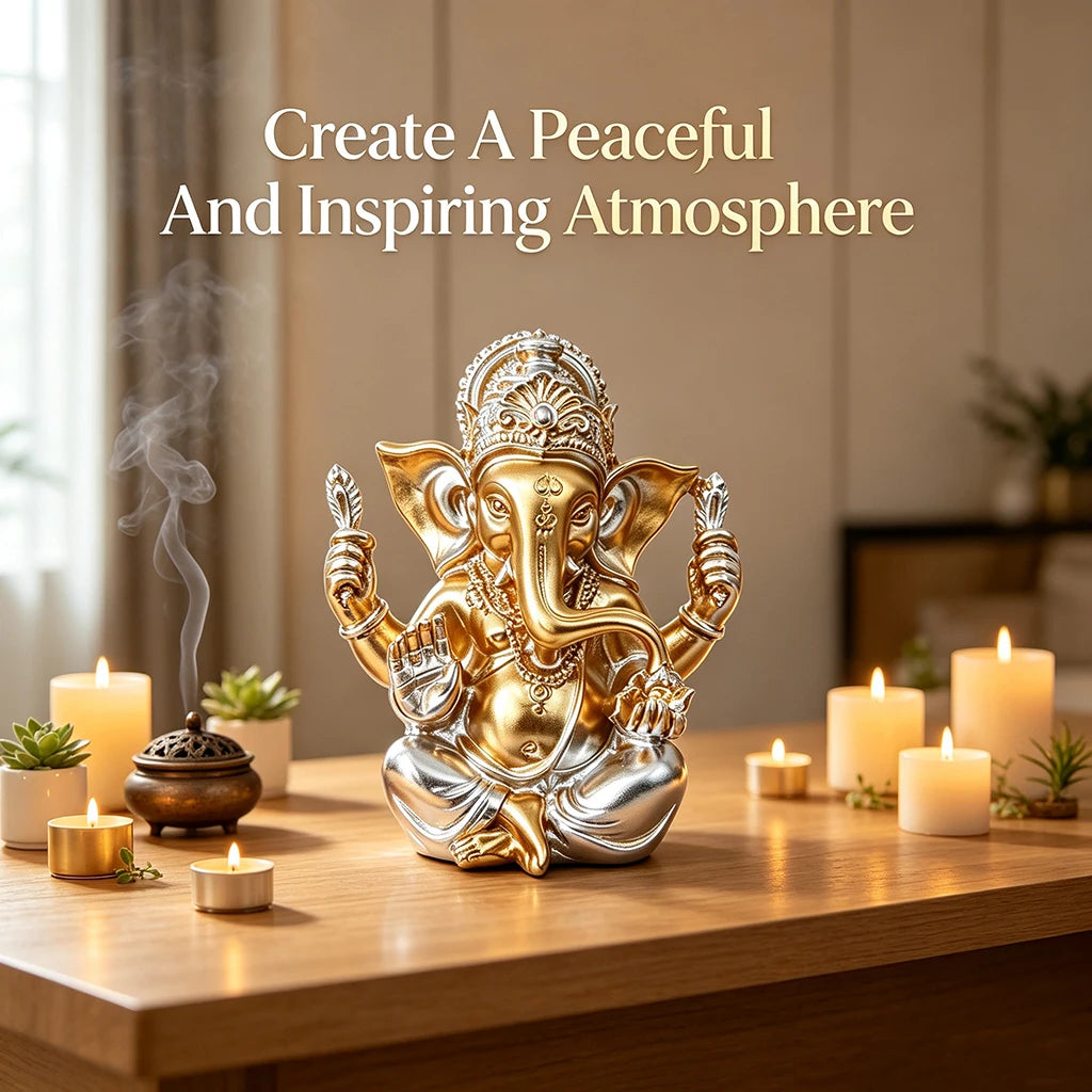 Golden Ganesha Statue Resin Figurine Hindu Elephant God Sculpture Lucky Decor for Home Living Room Office Meditation Room Gift