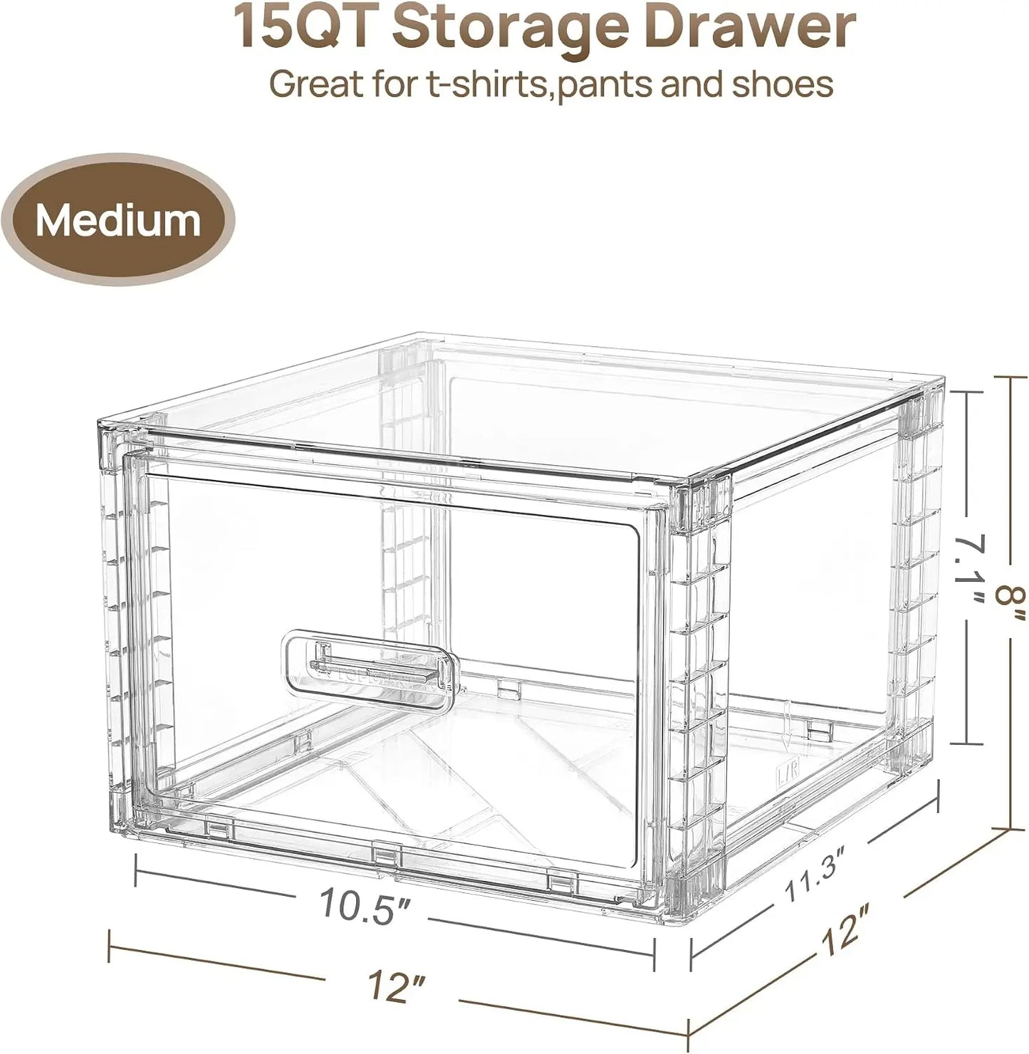 4 Pack Clear Stackable Storage Drawers 15QT, Easily Assemble Closet Organizers,Plastic Storage Bins for Bathroom,Cabinet,Kitchen