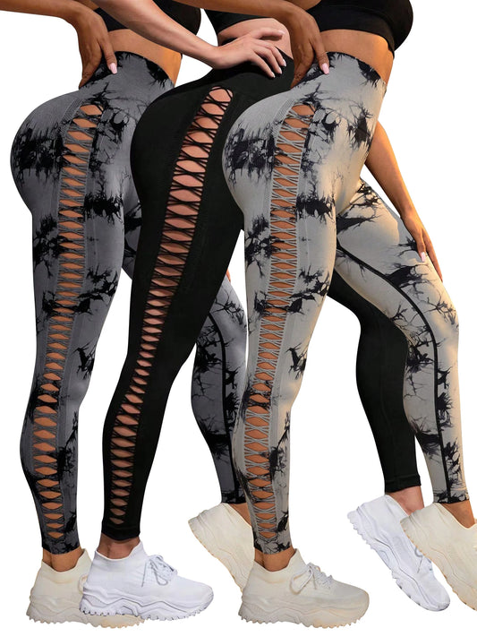 Women's tie-dye high-waist seamless yoga leggings with side mesh detail